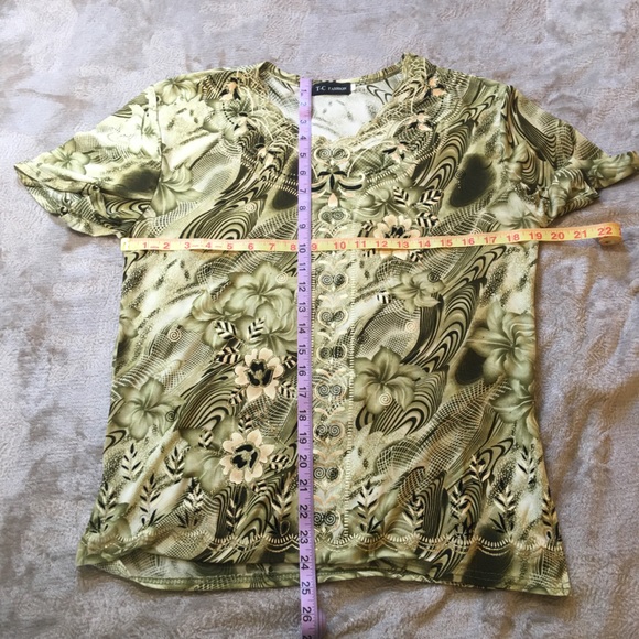 TC Fashions elegant green tan cream gold black embroidered blouse Size L - Picture 8 of 8